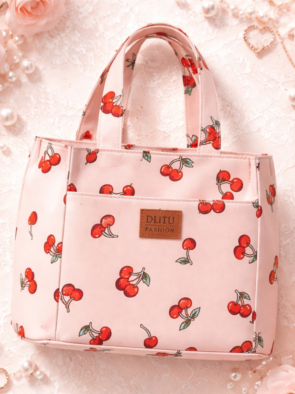 Pink Cherry Print Insulated Tote Purse Bag by DLIU Fashion